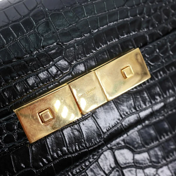 YVES SAINT LAURENT Manhattan Baguette Crocodile Embossed Leather Shoulder Bag Black