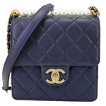 CHANEL Chic Pearls Flap Quilted Lambskin Leather Shoulder Bag Navy Blue