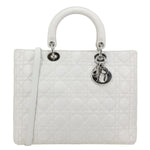CHRISTIAN DIOR Lady Dior Large Cannage Quilted Lambskin Leather Shoulder Bag White