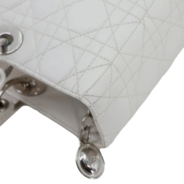 CHRISTIAN DIOR Lady Dior Large Cannage Quilted Lambskin Leather Shoulder Bag White