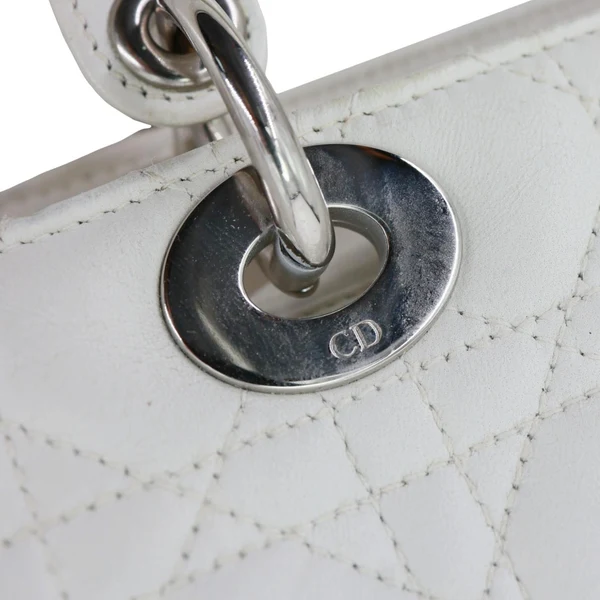 CHRISTIAN DIOR Lady Dior Large Cannage Quilted Lambskin Leather Shoulder Bag White