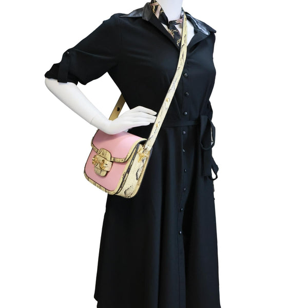 GUCCI Horsebit 1955 Mini Snakeskin Shoulder Bag Pink 602204