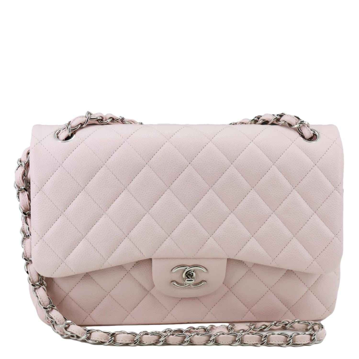 CHANEL Classic Double Flap Jumbo Quilted Caviar Leather Shoulder Bag Light Pink