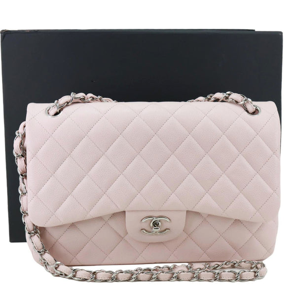 CHANEL Classic Double Flap Jumbo Quilted Caviar Leather Shoulder Bag Light Pink