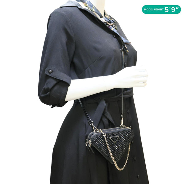 PRADA Triangle Double Pouch Crystal Embellished Satin Crossbody Bag Black