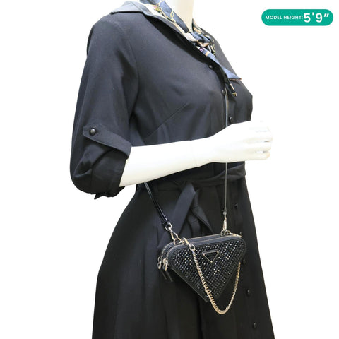 PRADA Triangle Double Pouch Crystal Embellished Satin Crossbody Bag Black