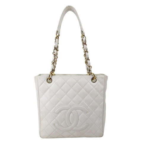 CHANEL PST Petite Quilted Caviar Leather Shopping Tote Bag White
