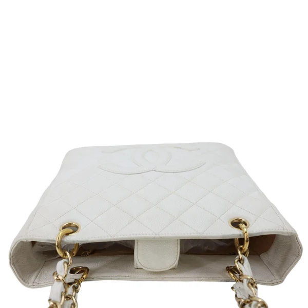CHANEL PST Petite Quilted Caviar Leather Shopping Tote Bag White