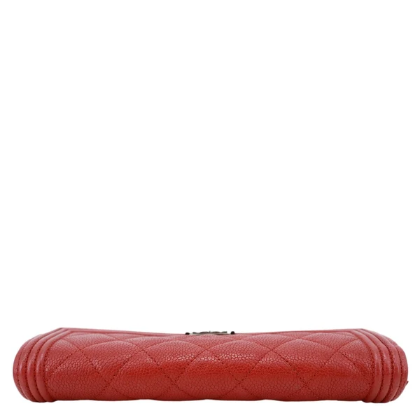 CHANEL Boy Flap Quilted Caviar Leather Wallet Red