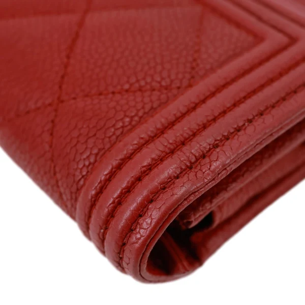 CHANEL Boy Flap Quilted Caviar Leather Wallet Red