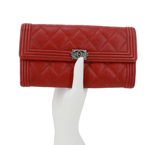 CHANEL Boy Flap Quilted Caviar Leather Wallet Red