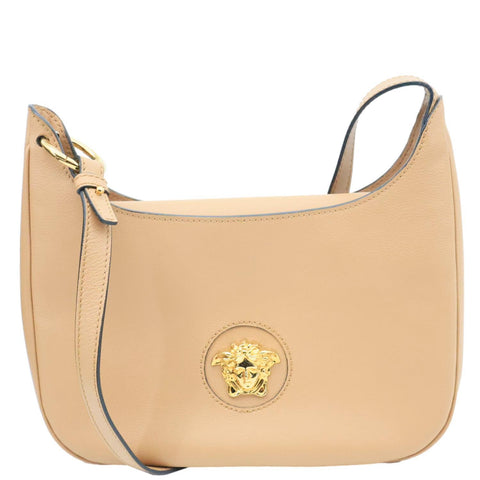 VERSACE La Medusa Medium Pebbled Leather Hobo Crossbody Bag Brown