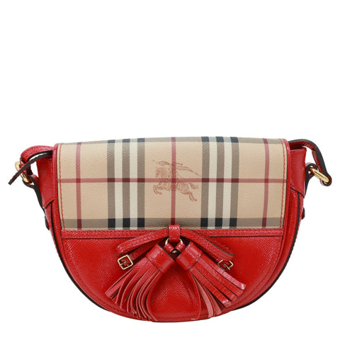 BURBERRY Maydown Haymarket Check Leather Crossbody Bag Red