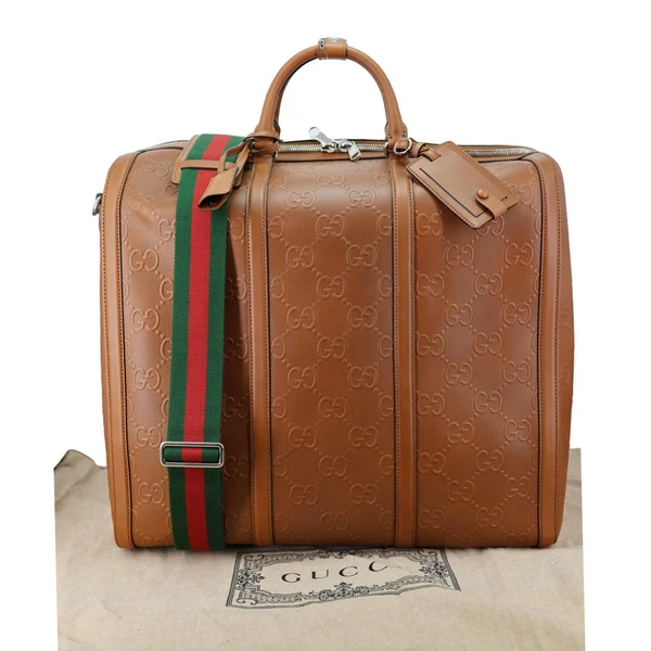 GUCCI GG Tennis Calfskin Embossed Leather Duffle Bag Brown 725329