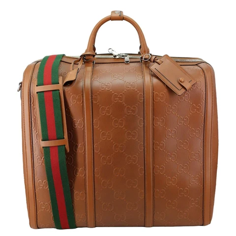 GUCCI GG Tennis Calfskin Embossed Leather Duffle Bag Brown 725329