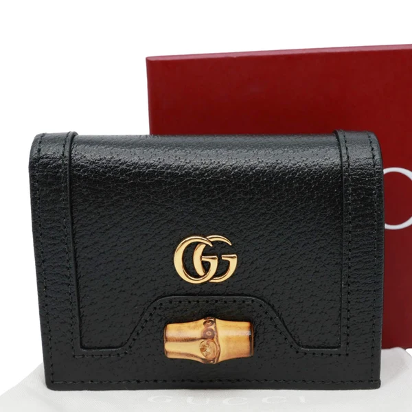 GUCCI Diana Small Bamboo Leather Card Case Wallet Black 658244