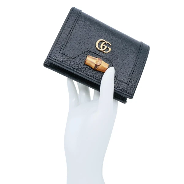 GUCCI Diana Small Bamboo Leather Card Case Wallet Black 658244