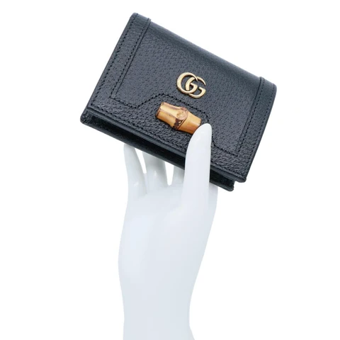 GUCCI Diana Small Bamboo Leather Card Case Wallet Black 658244