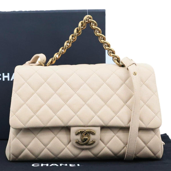 CHANEL Trapezio Flap Large Quilted Sheepskin Leather Crossbody Bag Beige