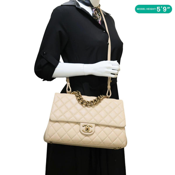 CHANEL Trapezio Flap Large Quilted Sheepskin Leather Crossbody Bag Beige