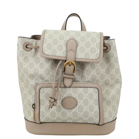 GUCCI Flap Interlocking G Patch GG Supreme Canvas Drawstring Backpack Off White 674147