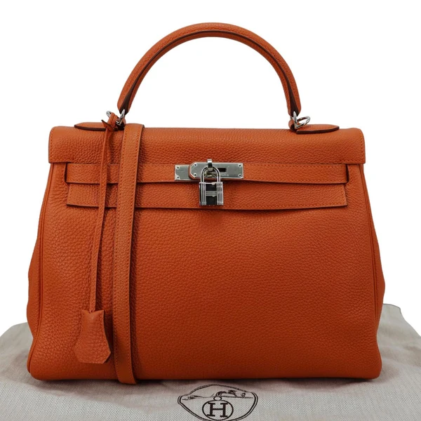 HERMES Kelly 32 Togo Leather Tote Shoulder Bag Orange
