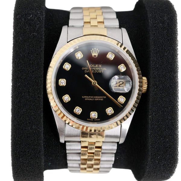 Rolex Datejust 36mm 18k Gold Steel Fluted Bezel Black Diamond Dial Watch 16233