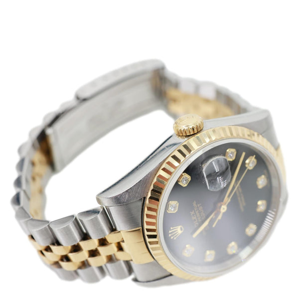 Rolex Datejust 36mm 18k Gold Steel Fluted Bezel Black Diamond Dial Watch 16233