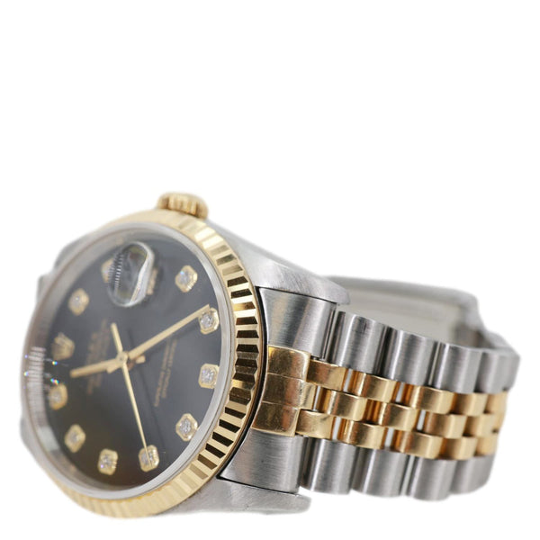 Rolex Datejust 36mm 18k Gold Steel Fluted Bezel Black Diamond Dial Watch 16233