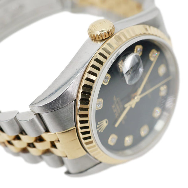 Rolex Datejust 36mm 18k Gold Steel Fluted Bezel Black Diamond Dial Watch 16233
