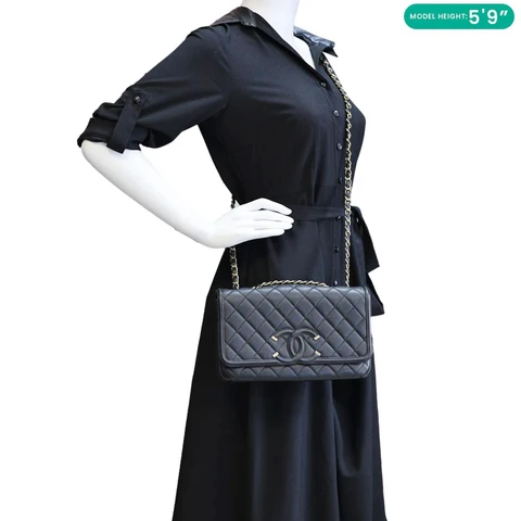 CHANEL CC Filigree Flap Caviar Quilted Leather Crossbody Bag Black