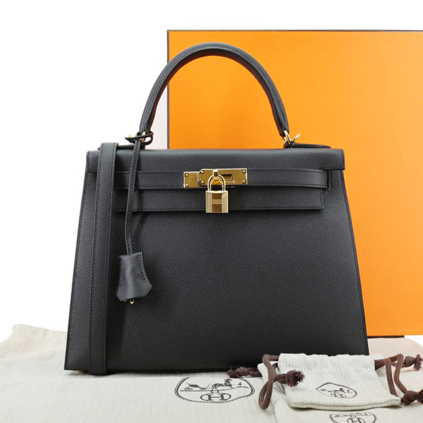 HERMES Kelly 28 Sellier II Epsom Leather Shoulder Bag Black