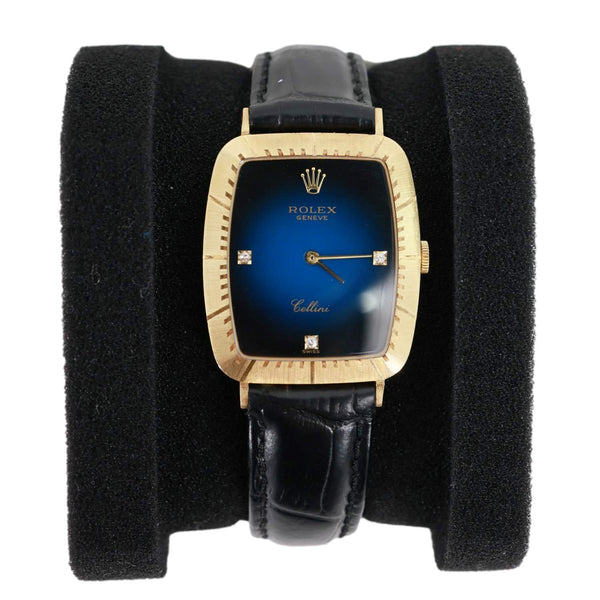 Rolex Cellini 30mm 18k Yellow Gold Bezel Blue Vignette Diamond Dial Watch 4087