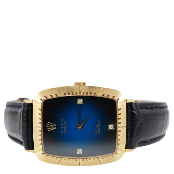 Rolex Cellini 30mm 18k Yellow Gold Bezel Blue Vignette Diamond Dial Watch 4087