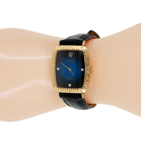 Rolex Cellini 30mm 18k Yellow Gold Bezel Blue Vignette Diamond Dial Watch 4087