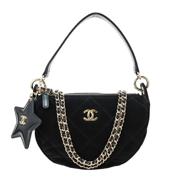 CHANEL Coco Neige Velvet Effect Nylon Clutch with Chain Crossbody Bag Black