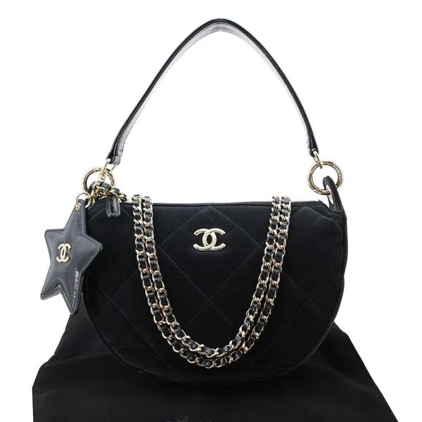 CHANEL Coco Neige Velvet Effect Nylon Clutch with Chain Crossbody Bag Black