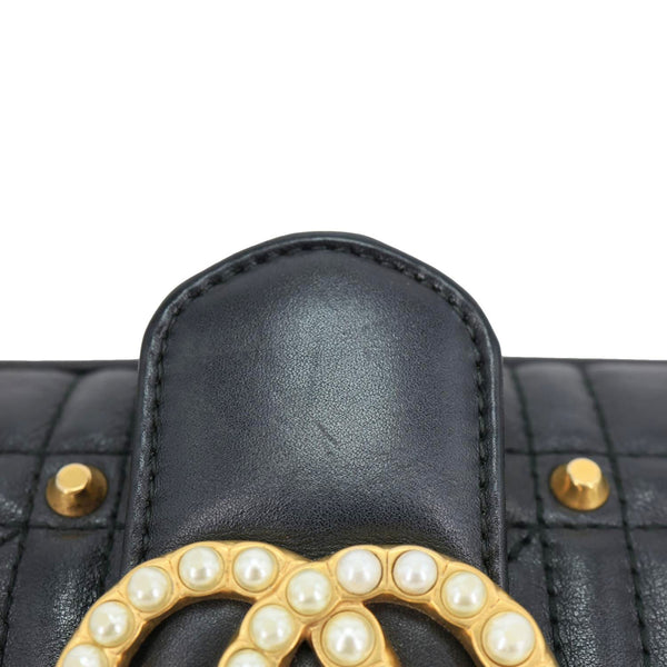 GUCCI GG Marmont Small Pearl Studded Quilted Leather Shoulder Bag Black 443497