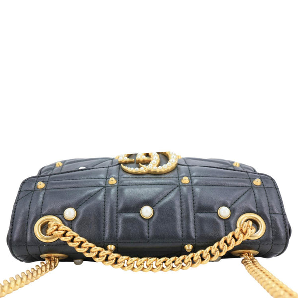 GUCCI GG Marmont Small Pearl Studded Quilted Leather Shoulder Bag Black 443497