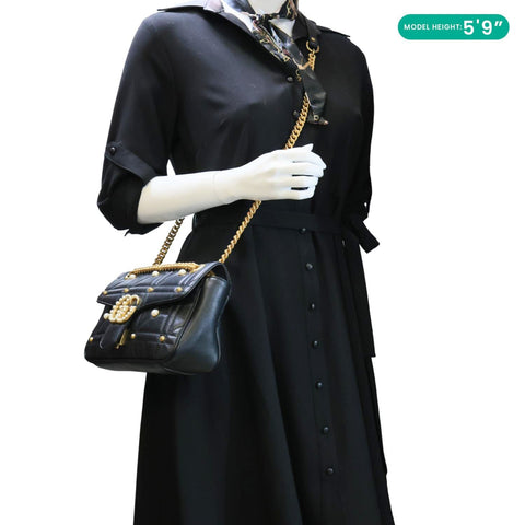 GUCCI GG Marmont Small Pearl Studded Quilted Leather Shoulder Bag Black 443497