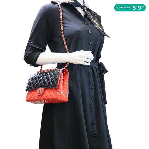 CHANEL Classic Double Flap Medium Quilted Patent Leather Shoulder Bag Bicolor