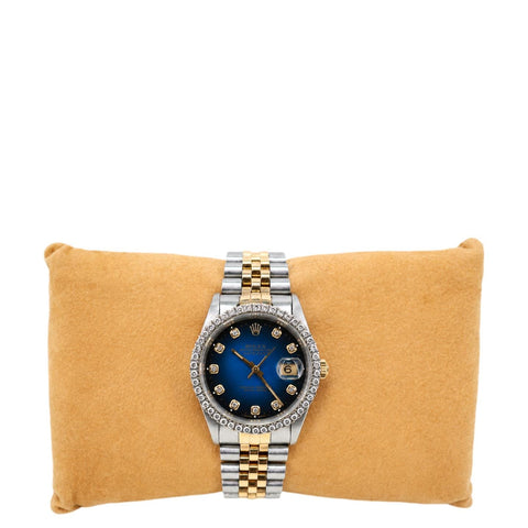 Rolex Datejust 18k Gold Steel 36mm Diamond Bezel Blue Vignette Dial Watch 16233
