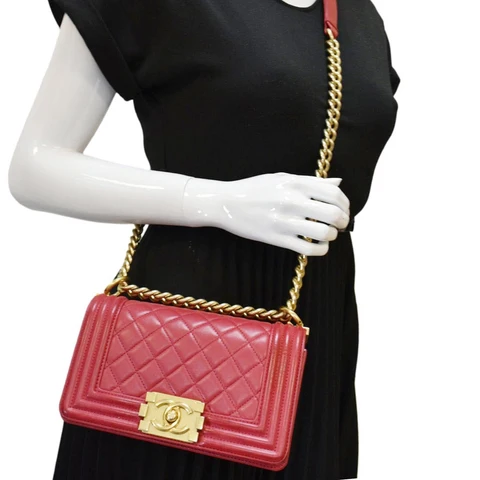 CHANEL Le Boy Small Lambskin Leather Shoulder Bag Red