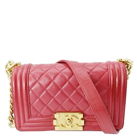 CHANEL Le Boy Small Lambskin Leather Shoulder Bag Red