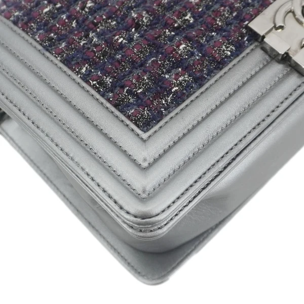 CHANEL Boy Flap Tweed Bag Shoulder Bag Silver