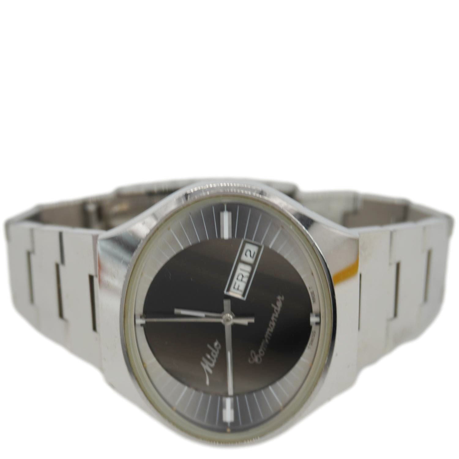Mido Commander 1970 Day Date Mens Stainless Steel Watch Brown Silver Dial 41MM