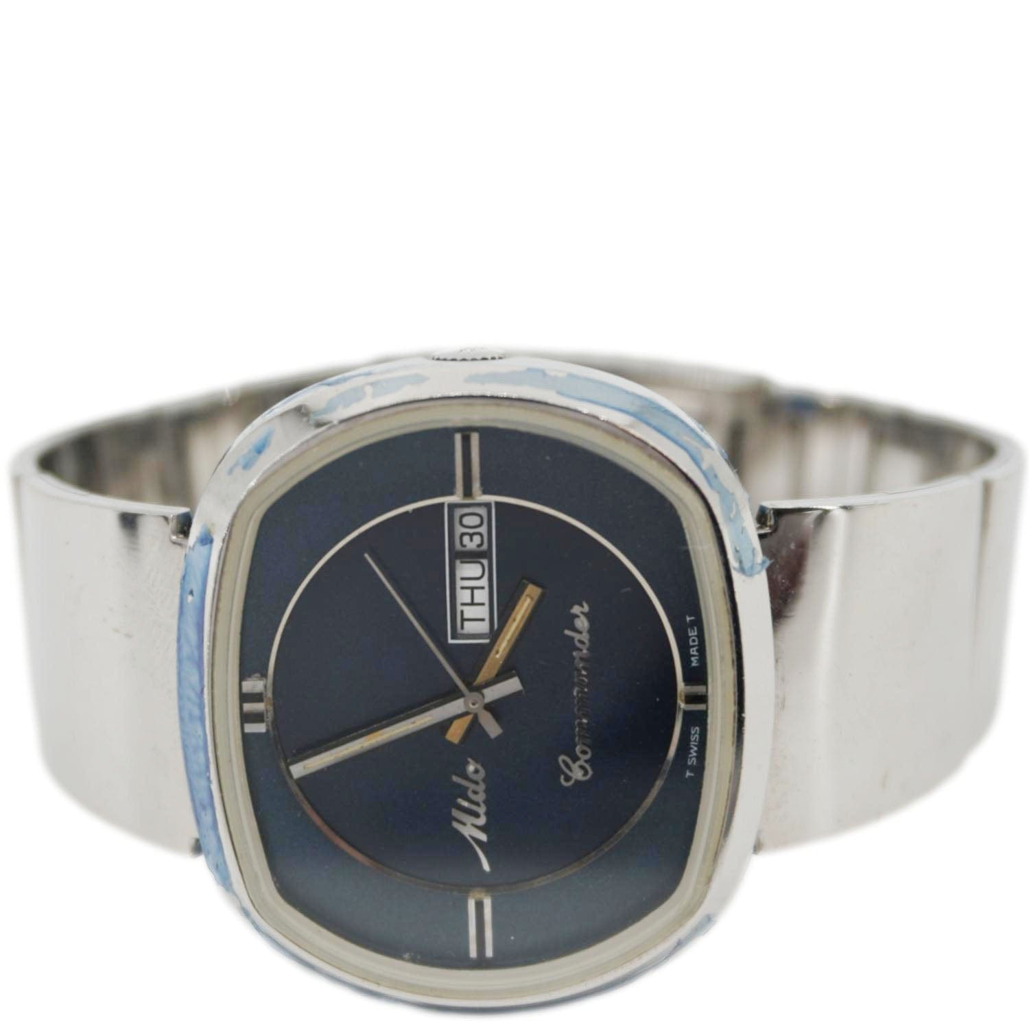 Mido Commander 1970 Day Date Mens Stainless Steel Watch Blue Dial 41MM