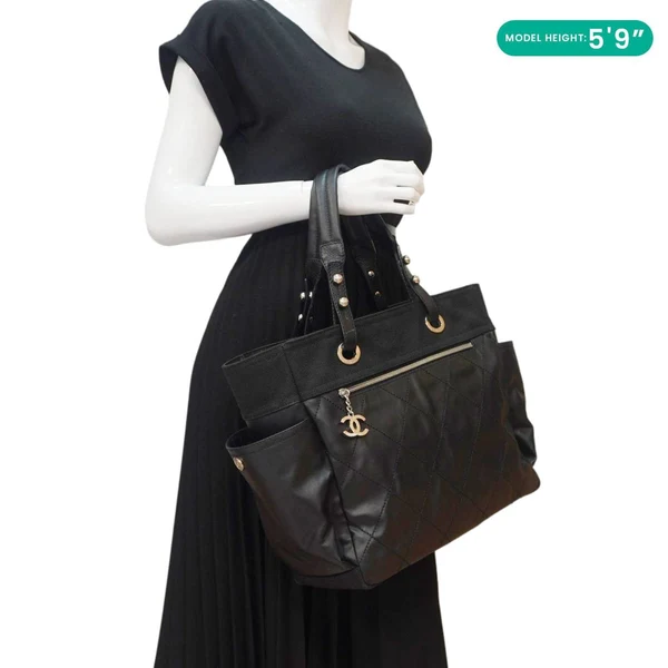 CHANEL Paris Biarritz Quilted Coated Canvas Grand Shopping Tote Bag Black