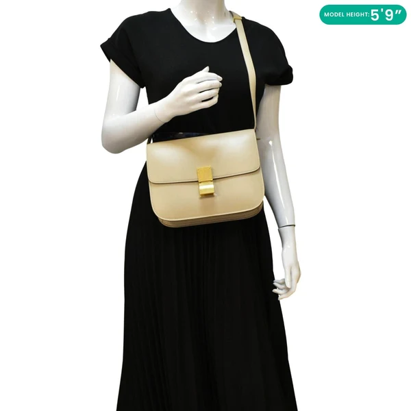 CELINE Classic Box Medium  Leather Flap Shoulder Bag Greige