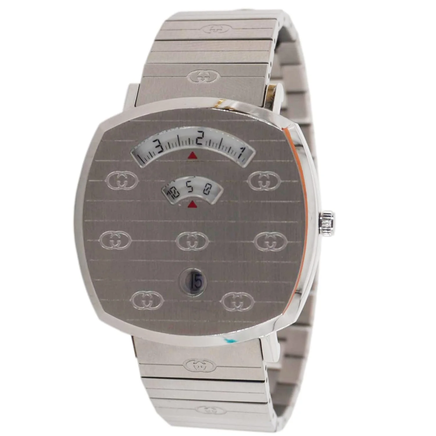 GUCCI Grip 1573 GG Engraved Quartz Silver Dial Stainless Steel Watch 35MM